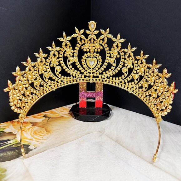 Crystal heart tiara, Gold tiara, Red stone tiara, Bridal tiara, Birthday crown